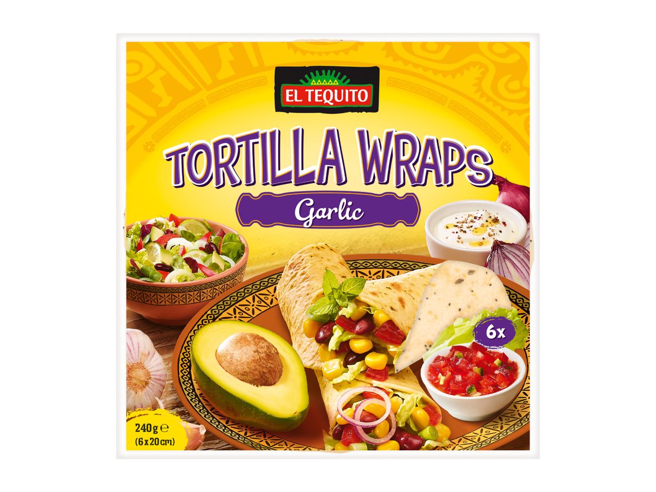 Garlic tortilla wraps with fresh salad, avocado, salsa, and sour cream on a yellow background.