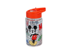 Clear water bottle with an orange lid and a cartoon mouse character design.