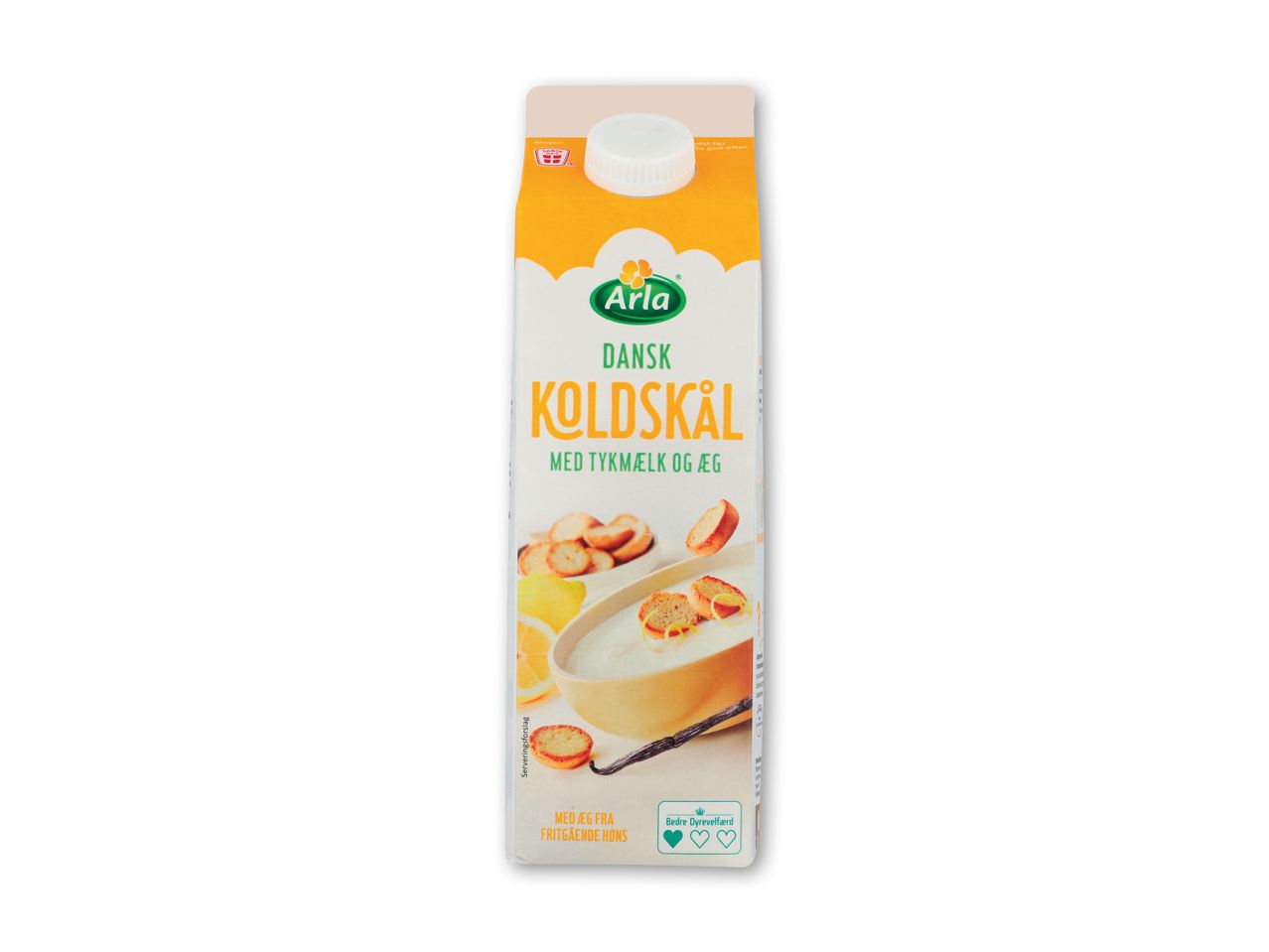 Koldskål med tykmælk og æg, serveret med kammerjunker og citron.