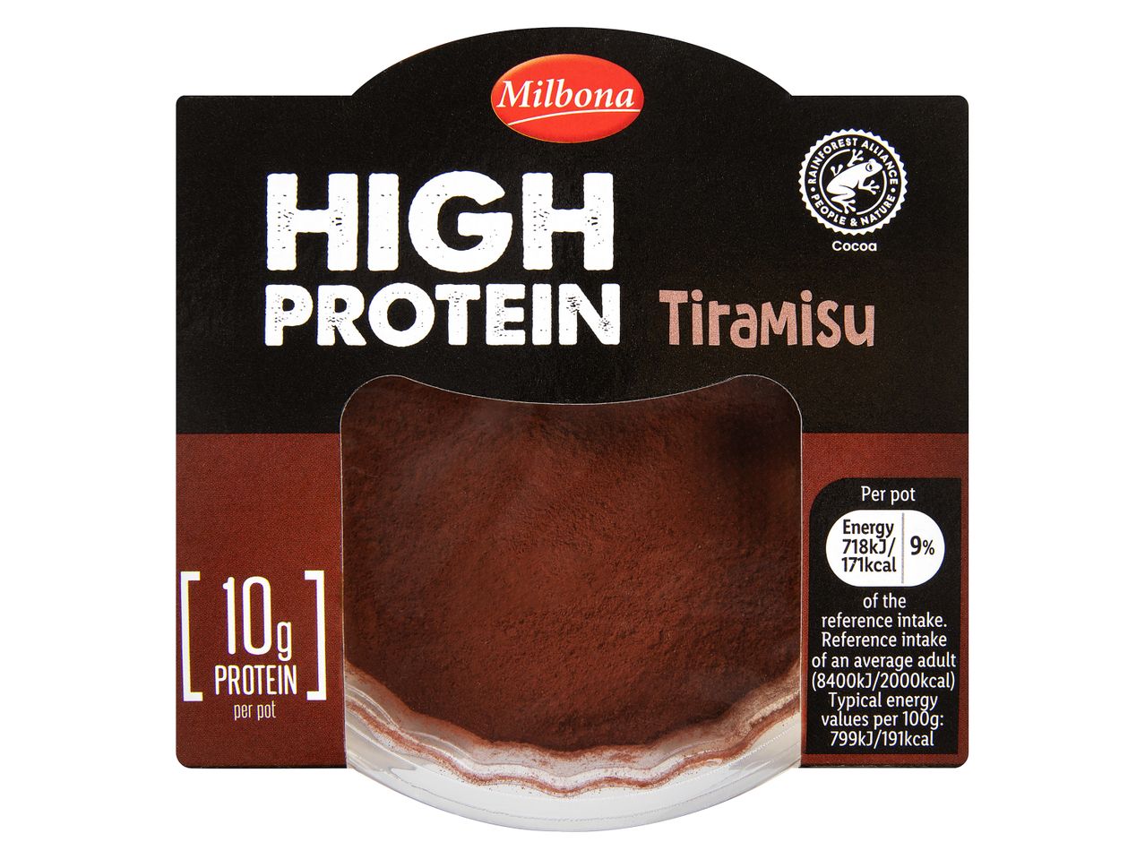 Milbona High Protein Tiramisu with 10g protein per pot and Rainforest Alliance cocoa.