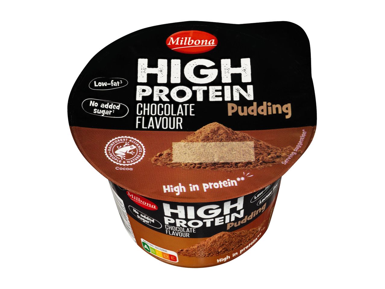 Milbona High Protein csokoládé ízű puding, alacsony zsírtartalmú és hozzáadott cukor nélküli.