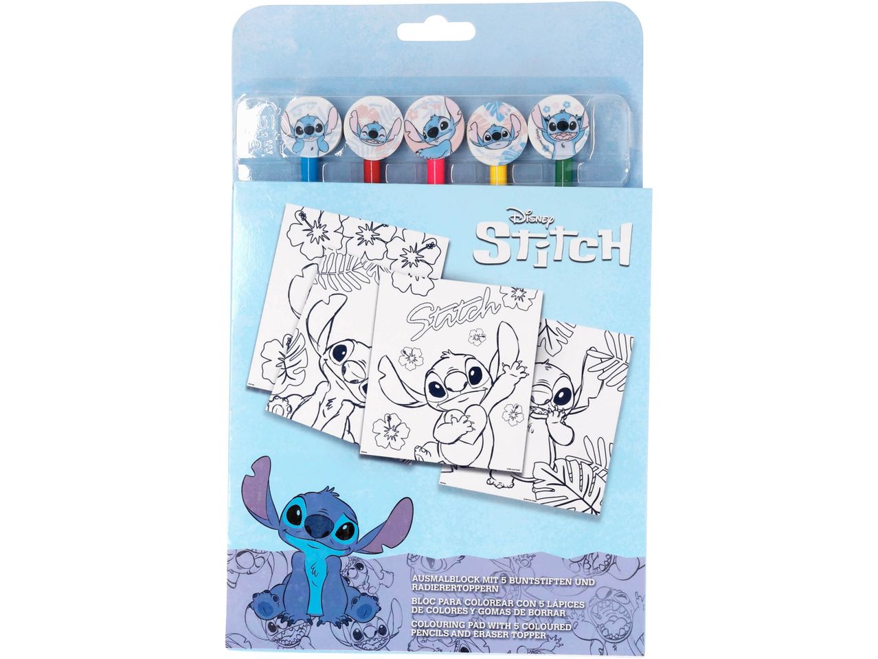 Disney Stitch coloring pad with 5 colored pencils and eraser toppers.