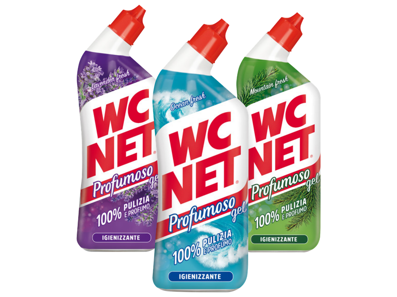 WC Net Profumoso gel toilet cleaners in lavender, ocean, and mountain fresh scents.