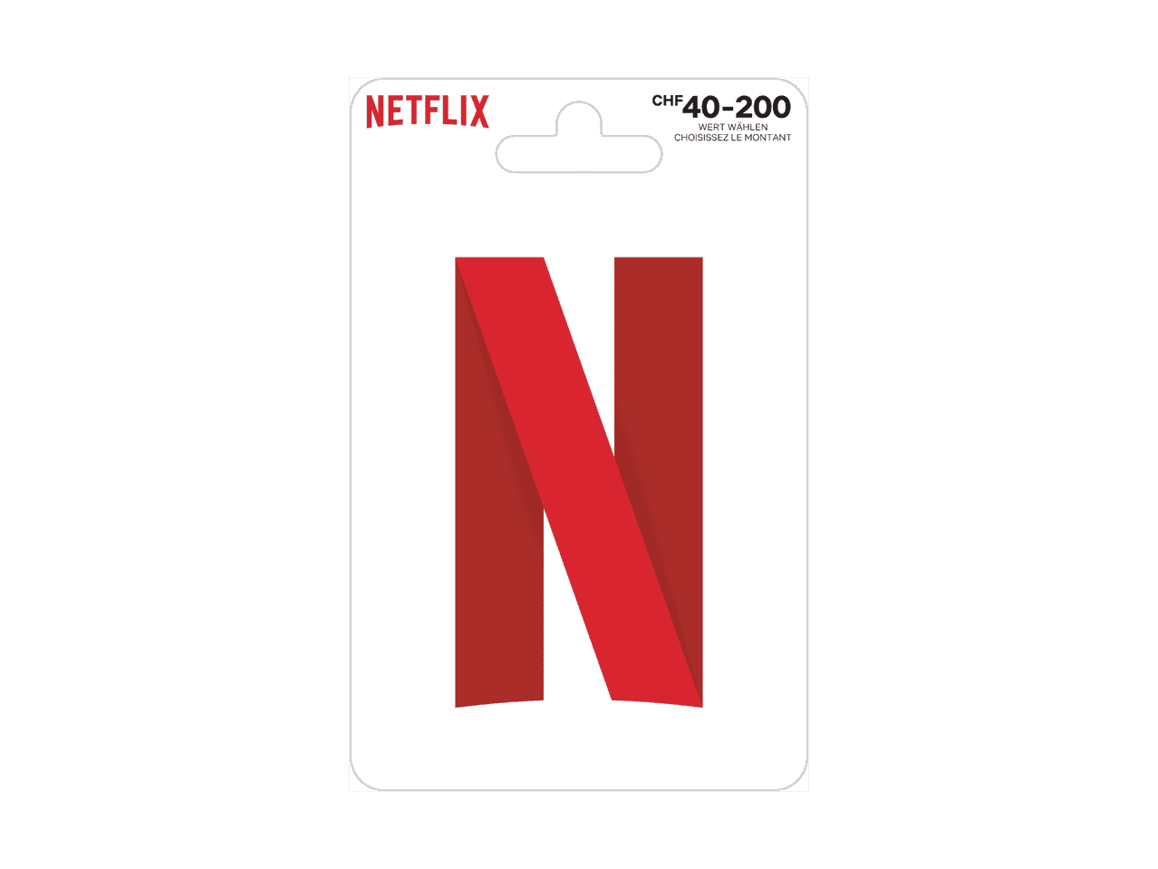 Netflix Geschenkkarte von 40 bis 200 CHF mit Netflix-Logo und großem roten N.