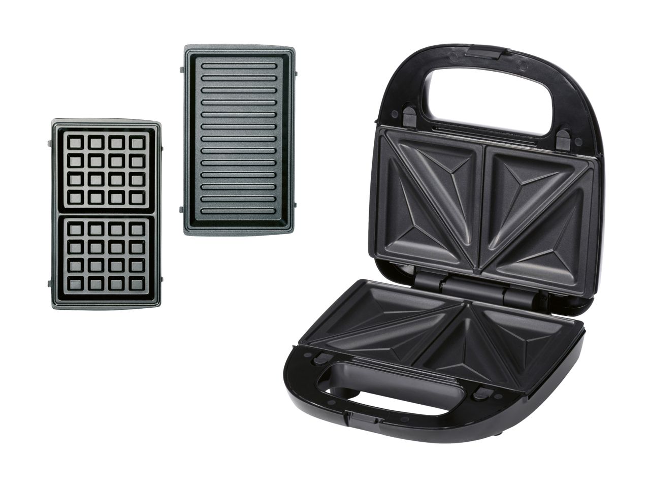 En åben 3-i-1 sandwich-maker med aftagelige plader til vafler og grill.