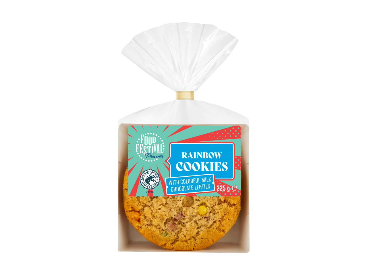 Food Festival Regenboogkoekjes met kleurrijke melkchocoladelenzen, 225g verpakking.