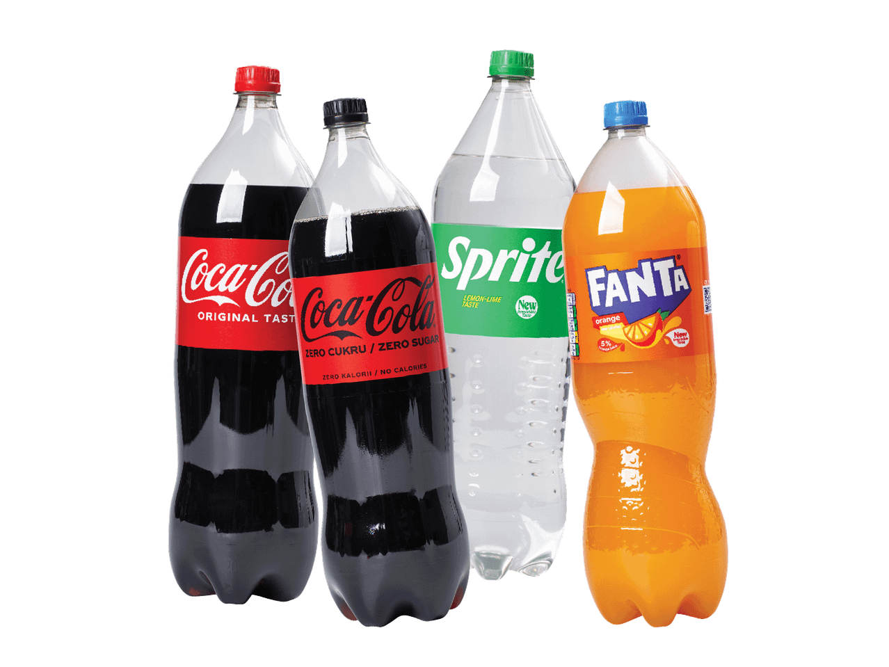Coca-Cola, Sprite ir Fanta gaiviųjų gėrimų buteliai.