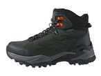 Dark green waterproof hiking boot with orange eyelets and black sole