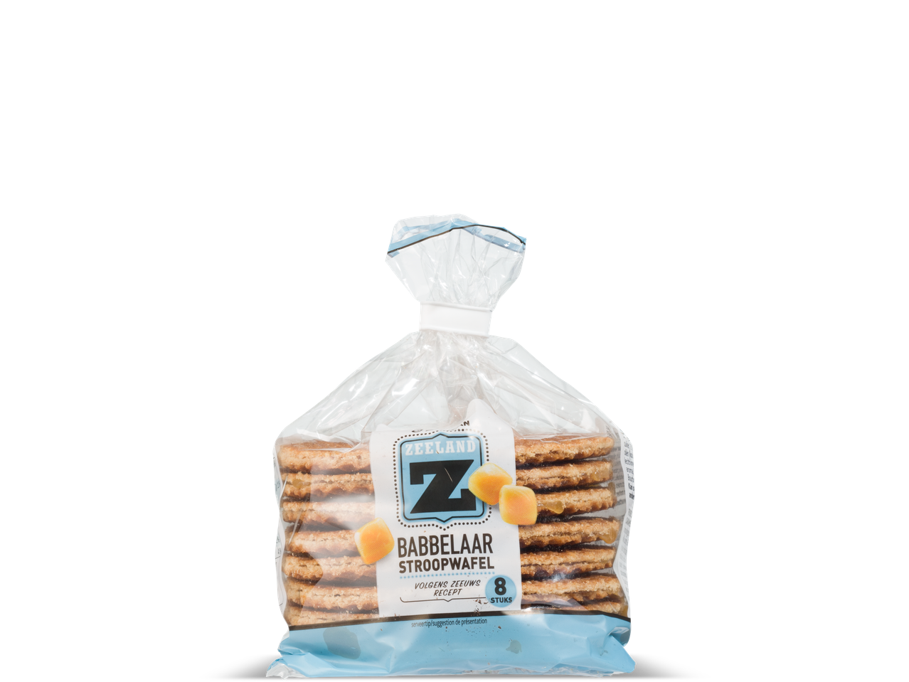 Verpakking Zeeuwse Babbelaar stroopwafels, 8 stuks, met een blauw-wit label en karamelblokjes.