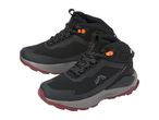 Pair of black hiking boots with orange accents and a grey and red sole.