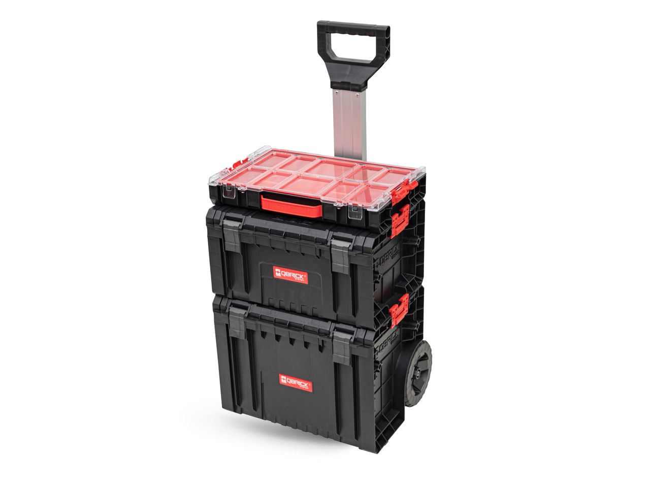Crna QBRICK SYSTEM kutija za alat na kotačima s prozirnim poklopcem i ručkom na izvlačenje.