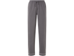 Gray drawstring pajama pants with white trim at the bottom.