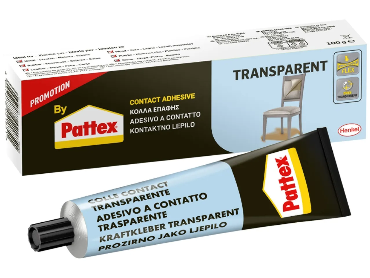 Tubo di colla Pattex trasparente per uso domestico.