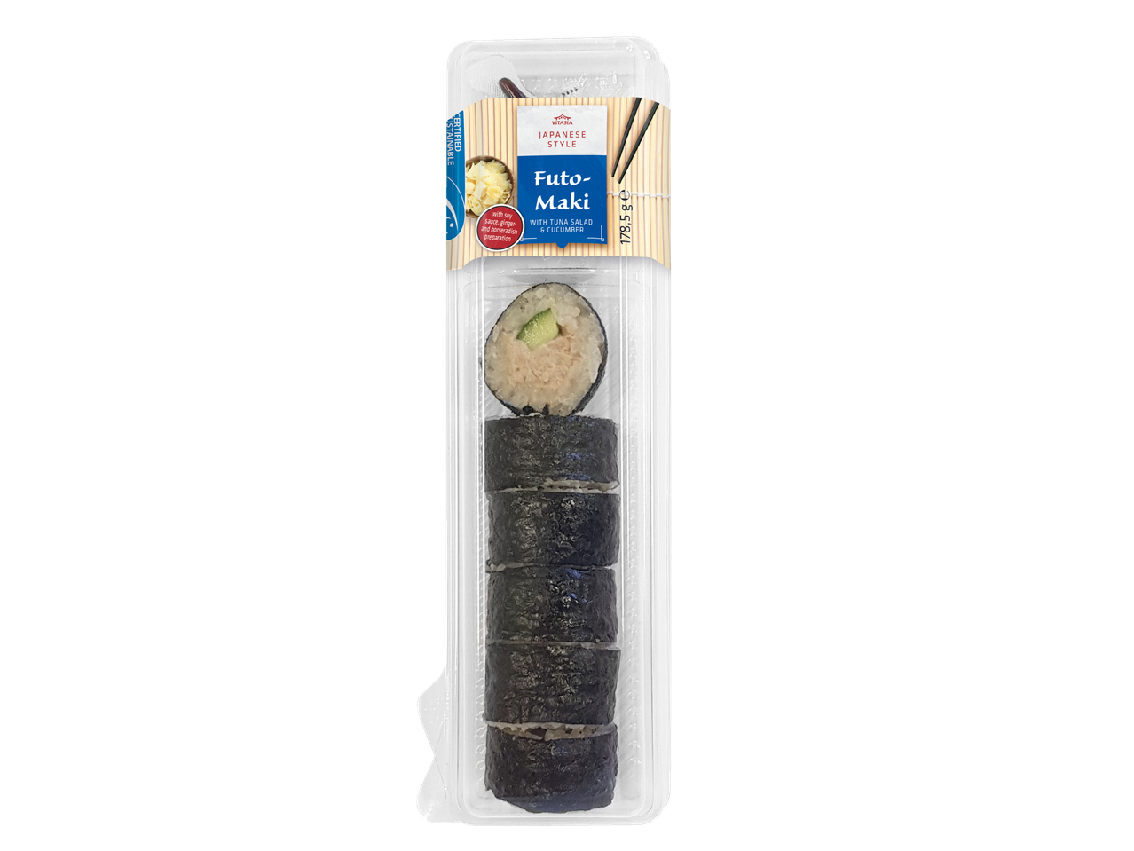 Futo-Maki sushi met tonijnsalade en komkommer, Japanse stijl.
