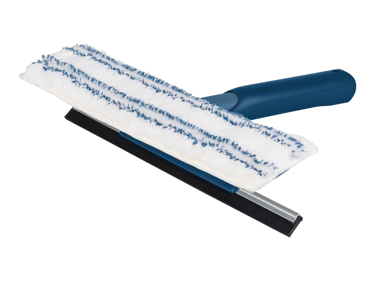 A window cleaning squeegee with a microfiber cleaning pad.