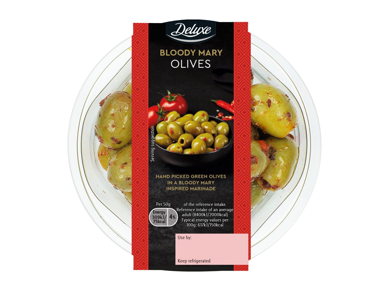 Deluxe Bloody Mary Olives in a clear container with a label showing nutritional information.
