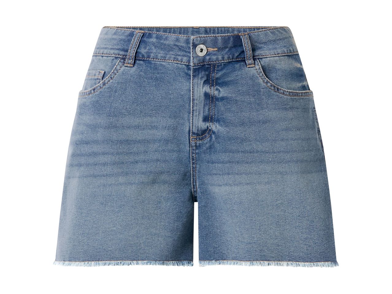 Light blue denim shorts with frayed hems