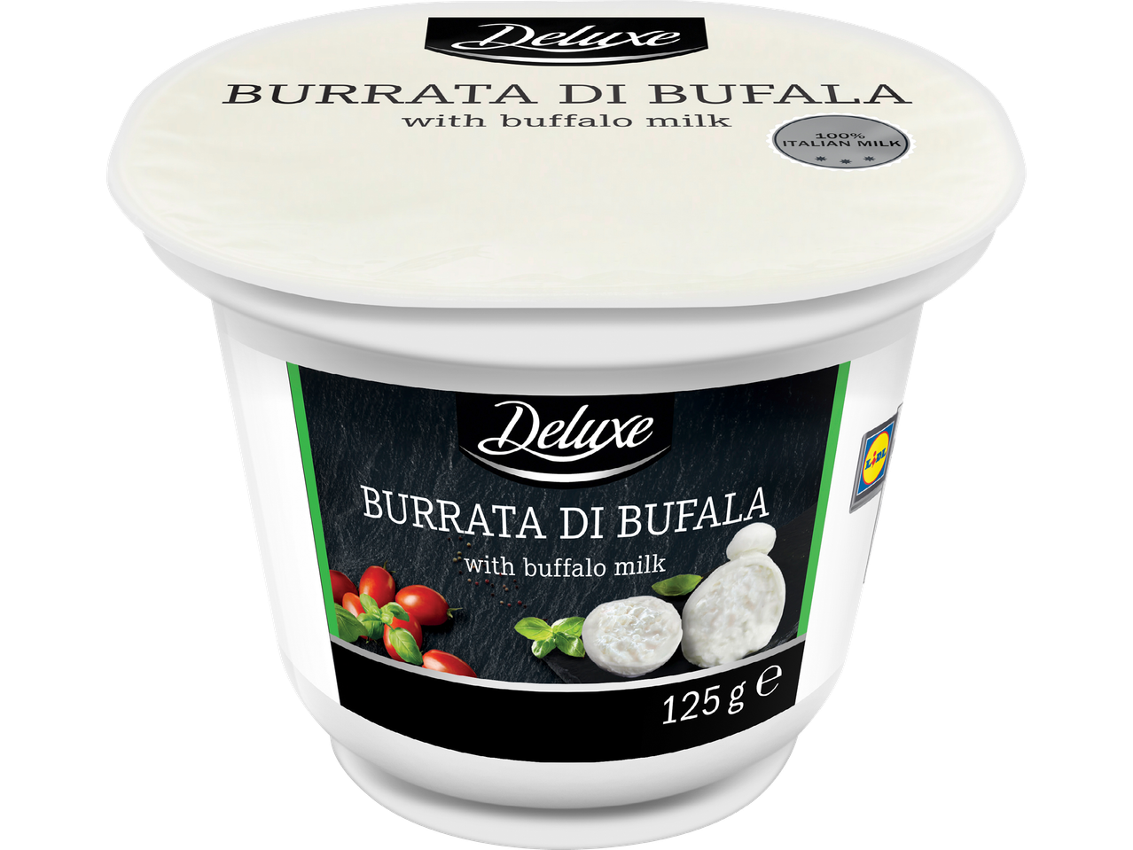 Burrata di Bufala med buffelmjölk i en vit förpackning, 125g.