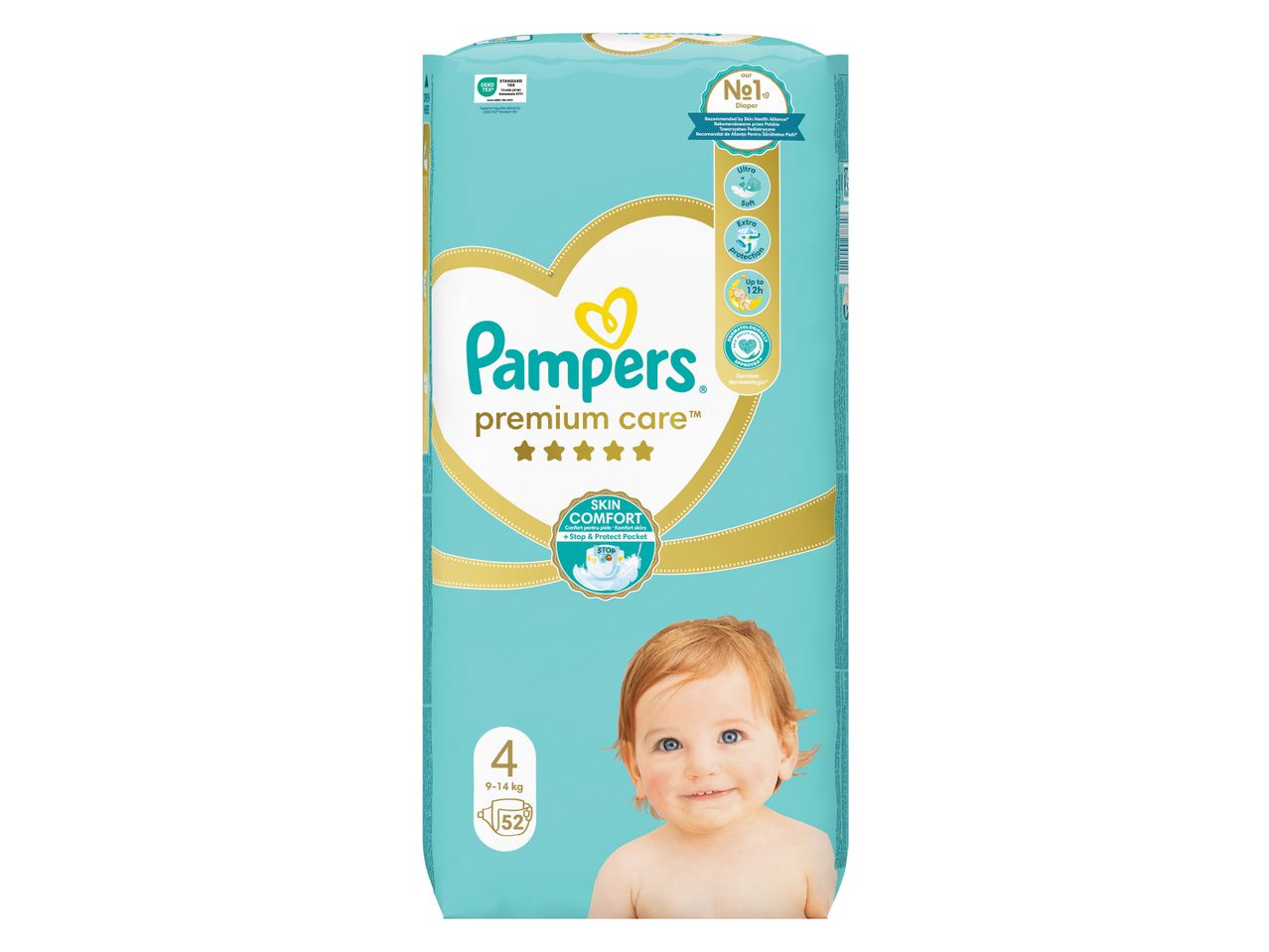 Συσκευασία βρεφικών πανών μεγέθους 4 (9-14 κιλά) με 52 πάνες, με την ένδειξη 'Premium Care' και 'Skin Comfort'.