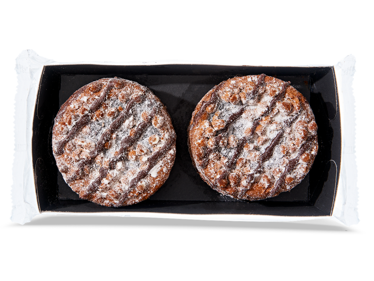 Twee Schwarzwalder rondo koekjes met chocolade en poedersuiker in verpakking