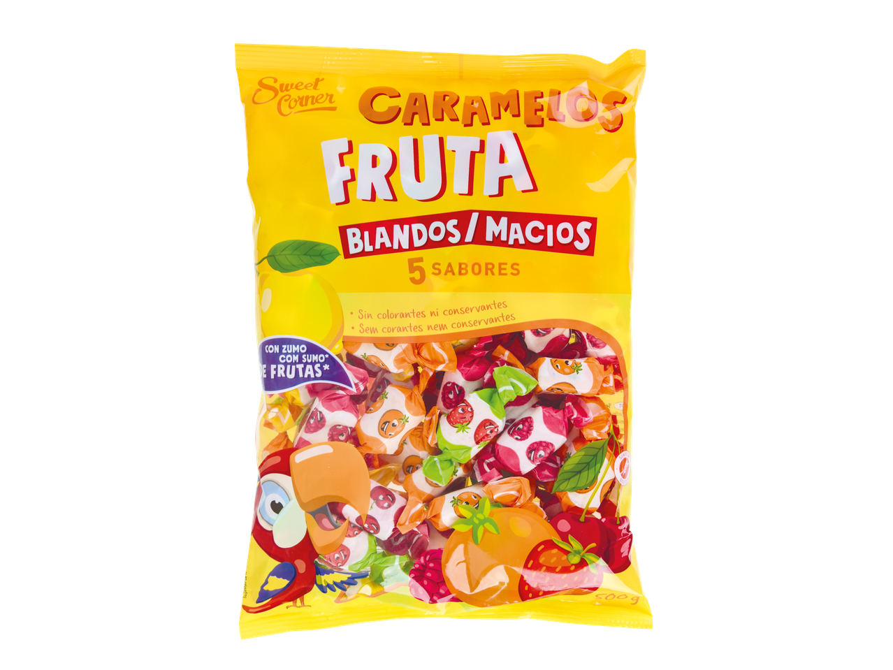 Caramelos de Fruta Sweet Corner, balas macias com 5 sabores de frutas.