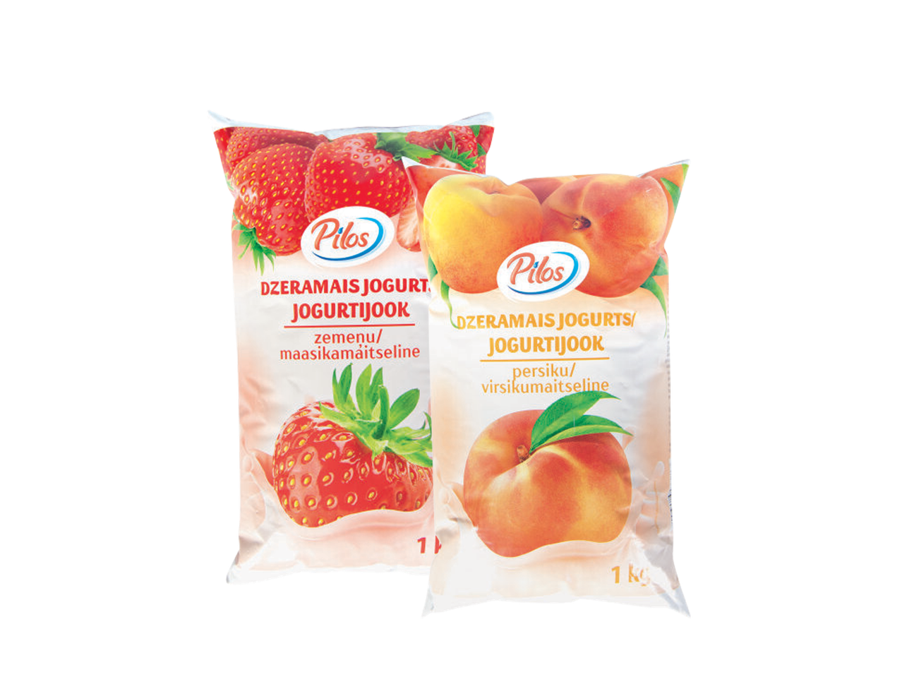 Divi Pilos dzeramie jogurti: viens ar zemeņu garšu, otrs ar persiku garšu.