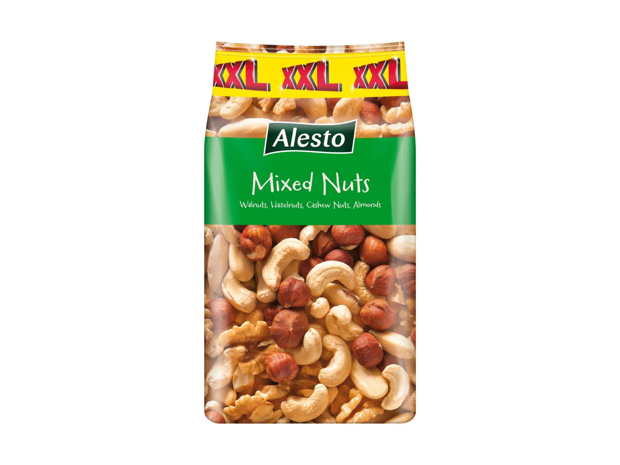 Aldi's bag of mixed nuts, featuring cashews and peanuts.