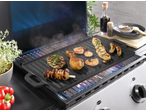 Grillmeister Cast Iron Grill Pan/Plate with various foods cooking on a gas grill.