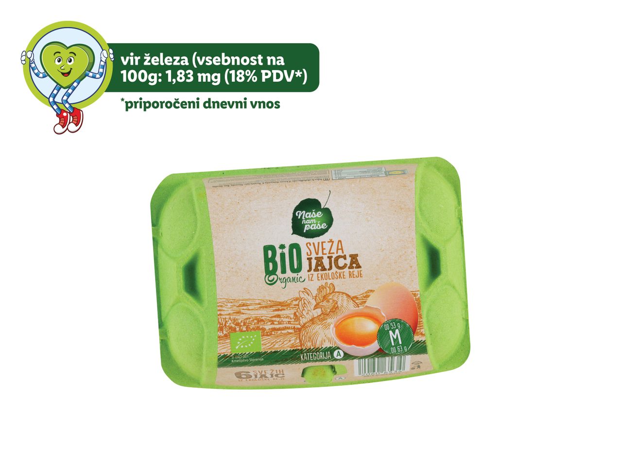 Biološka jajca Naše Nam Pase v zeleni embalaži.