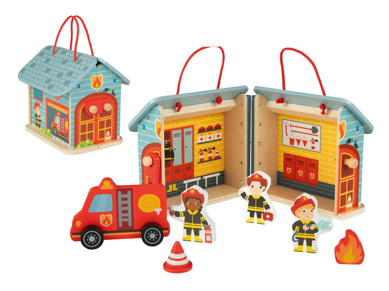 Hölzernes Feuerwachen-Spielset mit Feuerwehrauto, drei Feuerwehrleuten, Pylon und Flamme.