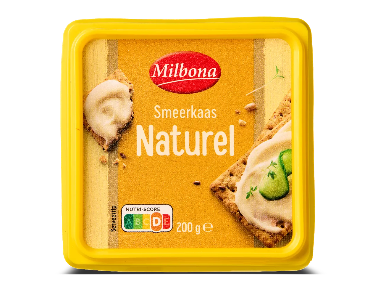Een gele verpakking smeerkaas met crackers en Nutri-Score D.