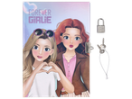 Journal intime avec deux filles de dessin animé et un cadenas avec des clés.