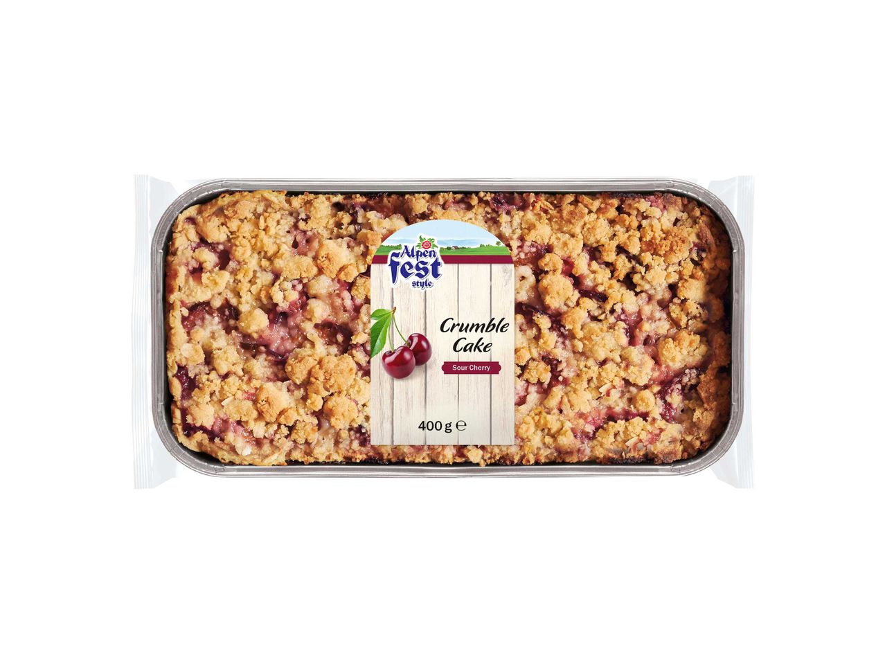Alpen Fest Style morzsás sütemény savanyú cseresznyével, 400 g-os kiszerelésben.