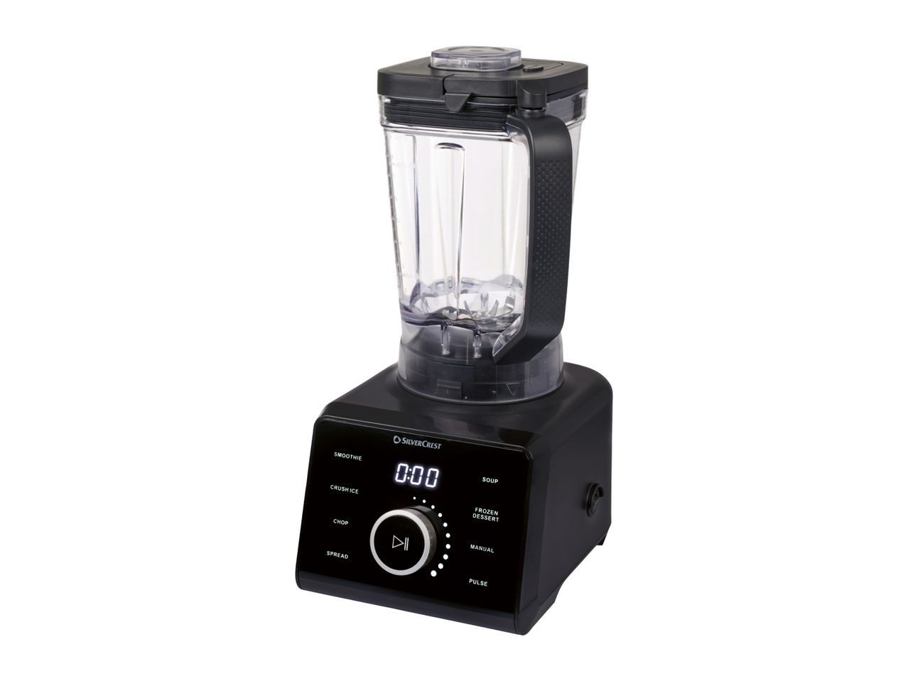 Black blender with a digital display and a clear plastic jug