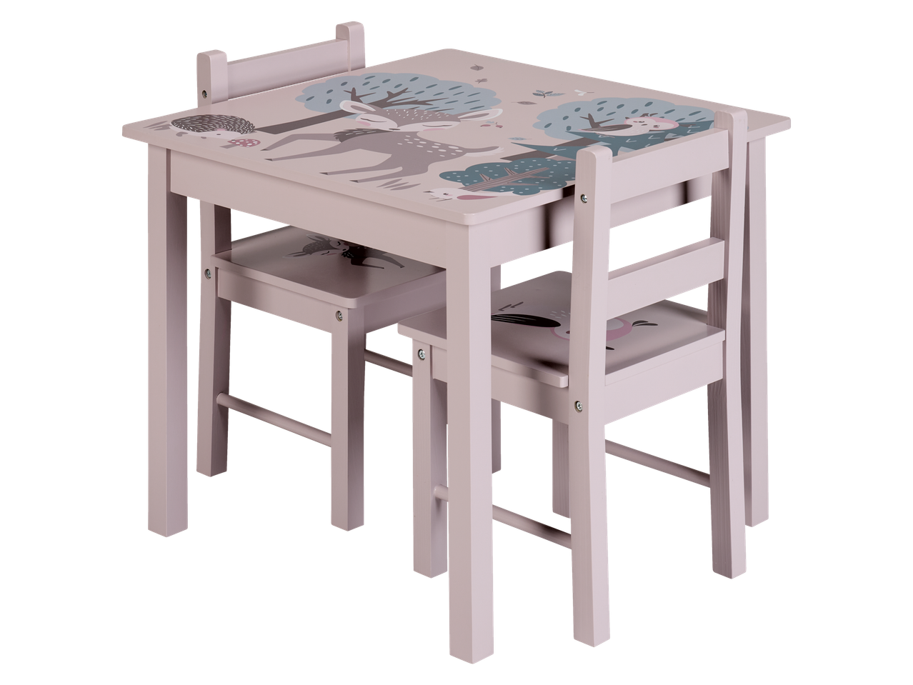 Roosa laste laud ja kaks tooli metsaloomade teemaga