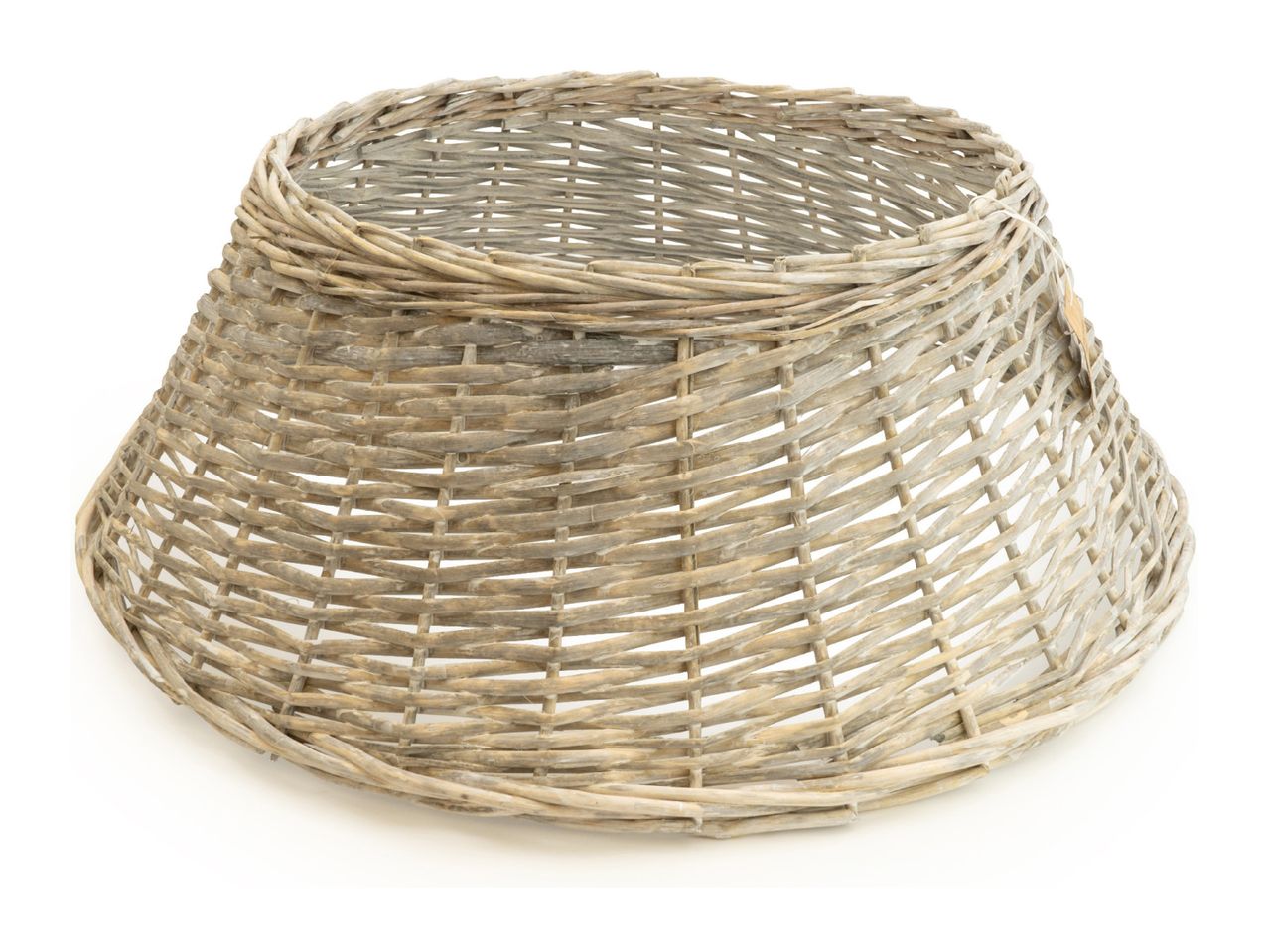 Woven wicker basket in a conical shape, made from light-colored wood.