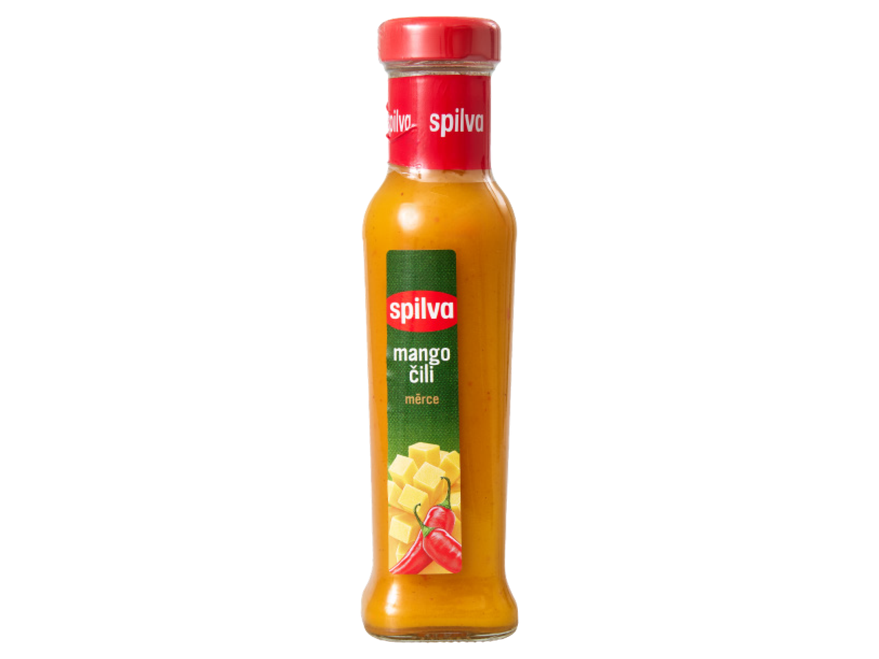 Spilva mango čili mērce stikla pudelē ar sarkanu vāciņu.