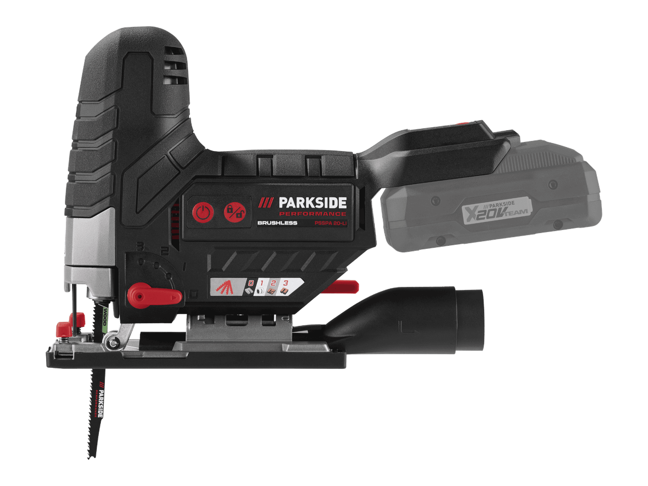 PARKSIDE PERFORMANCE PSSPA 20-LI -akkupistosaha, jossa on X 20V TEAM -akku.