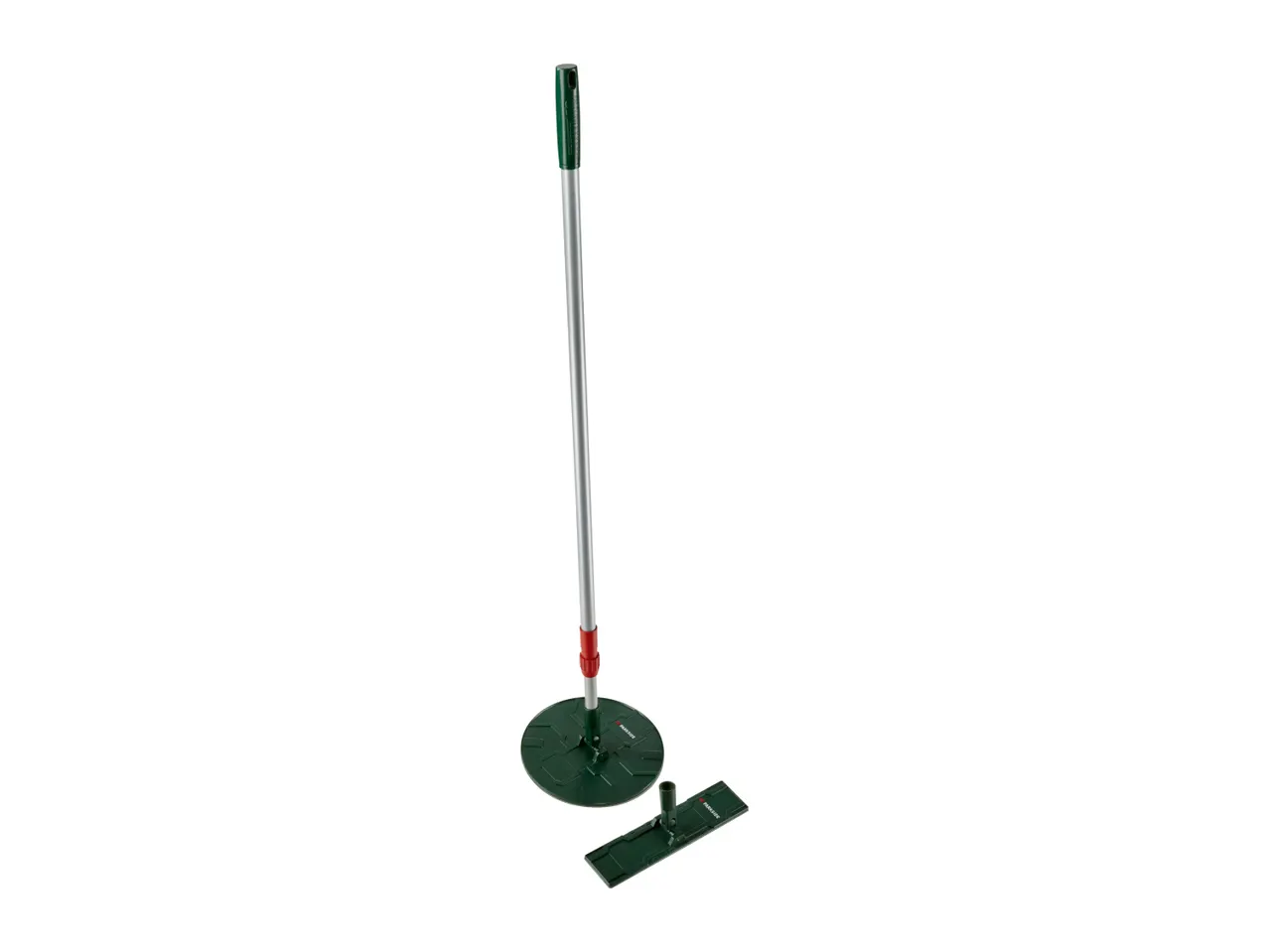A green and silver mop with a round head and a rectangular attachment on a white background.