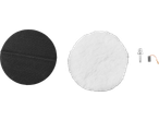 PARKSIDE® 1200W Electric Polisher accessories: black sanding pad, white polishing bonnet, and small metal parts.
