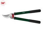 A pair of green and black garden loppers with a red 18+ age restriction symbol.
