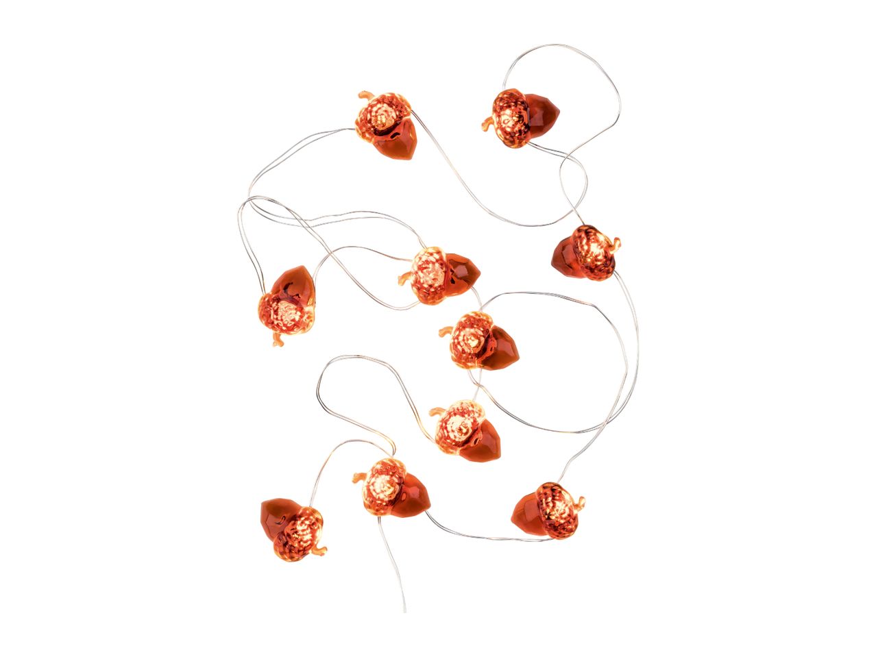 Acorn-shaped string lights with warm glow on a white background.