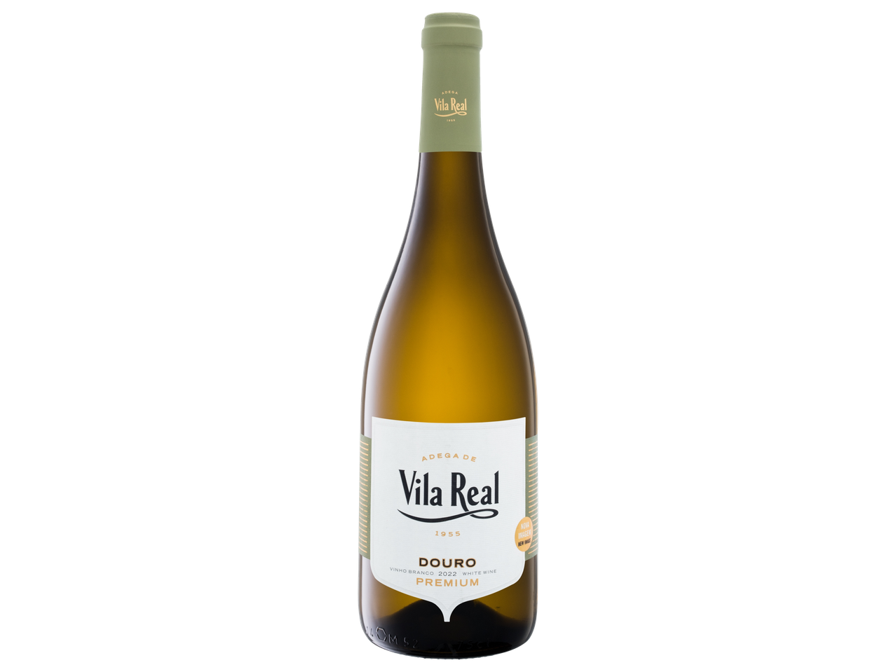 Vinho branco Vila Real Vinho Branco Douro DOC Premium numa garrafa.