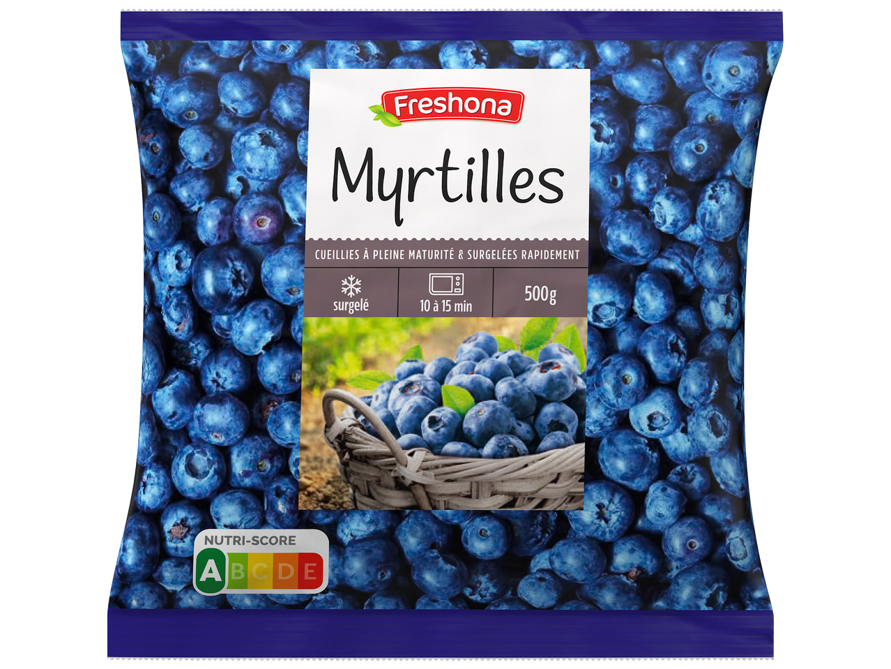 Sachet de myrtilles surgelées avec Nutri-Score A, poids 500g, et instructions de cuisson.