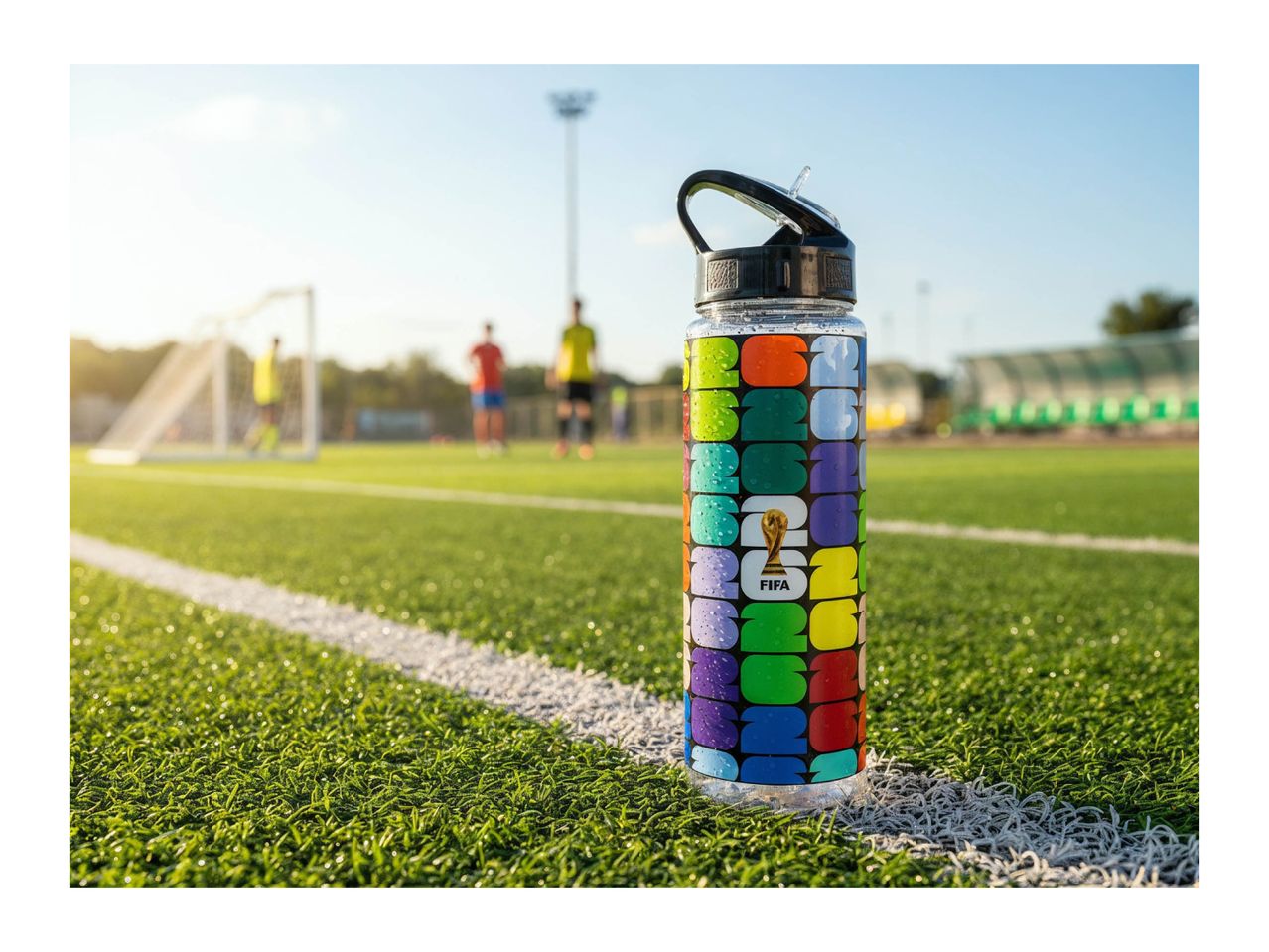 Water bottle with colorful design and FIFA World Cup trophy on a soccer field.