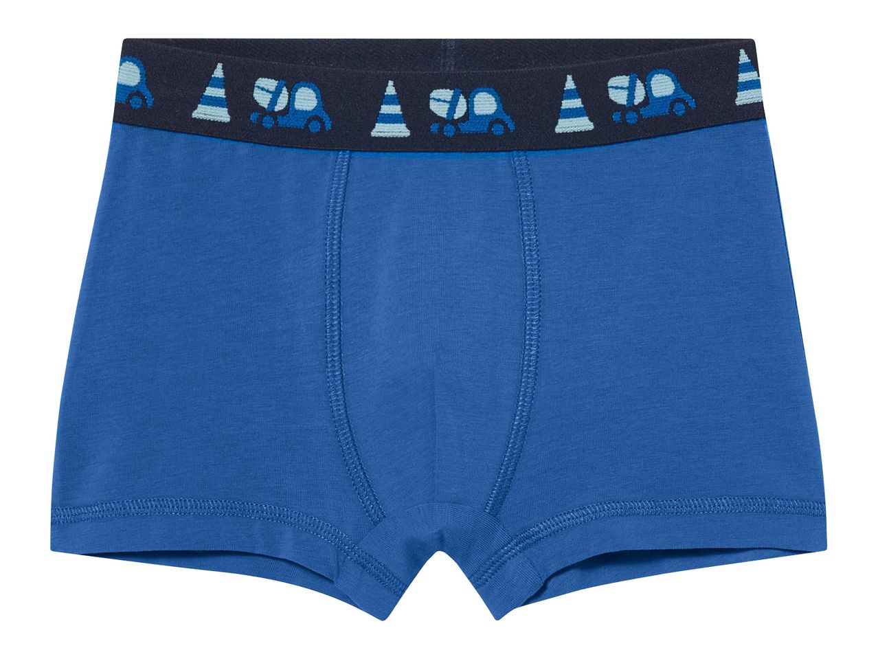 Kék színű fiú boxer alsó építkezési járművekkel és kúpokkal.
