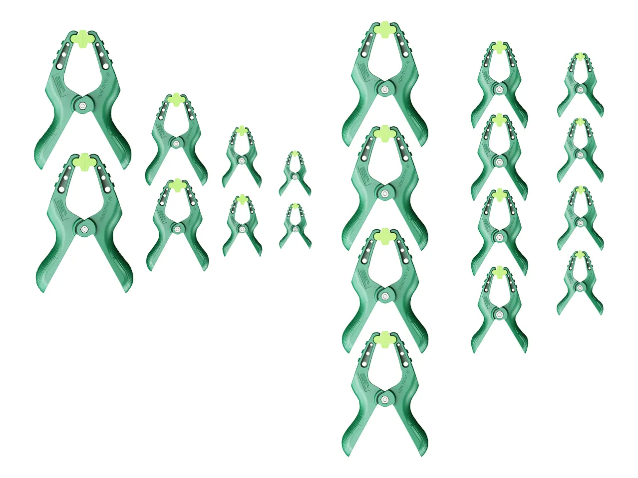 Več zelenih vzmetnih sponk Parkside v različnih velikostih, razporejenih po belem ozadju.