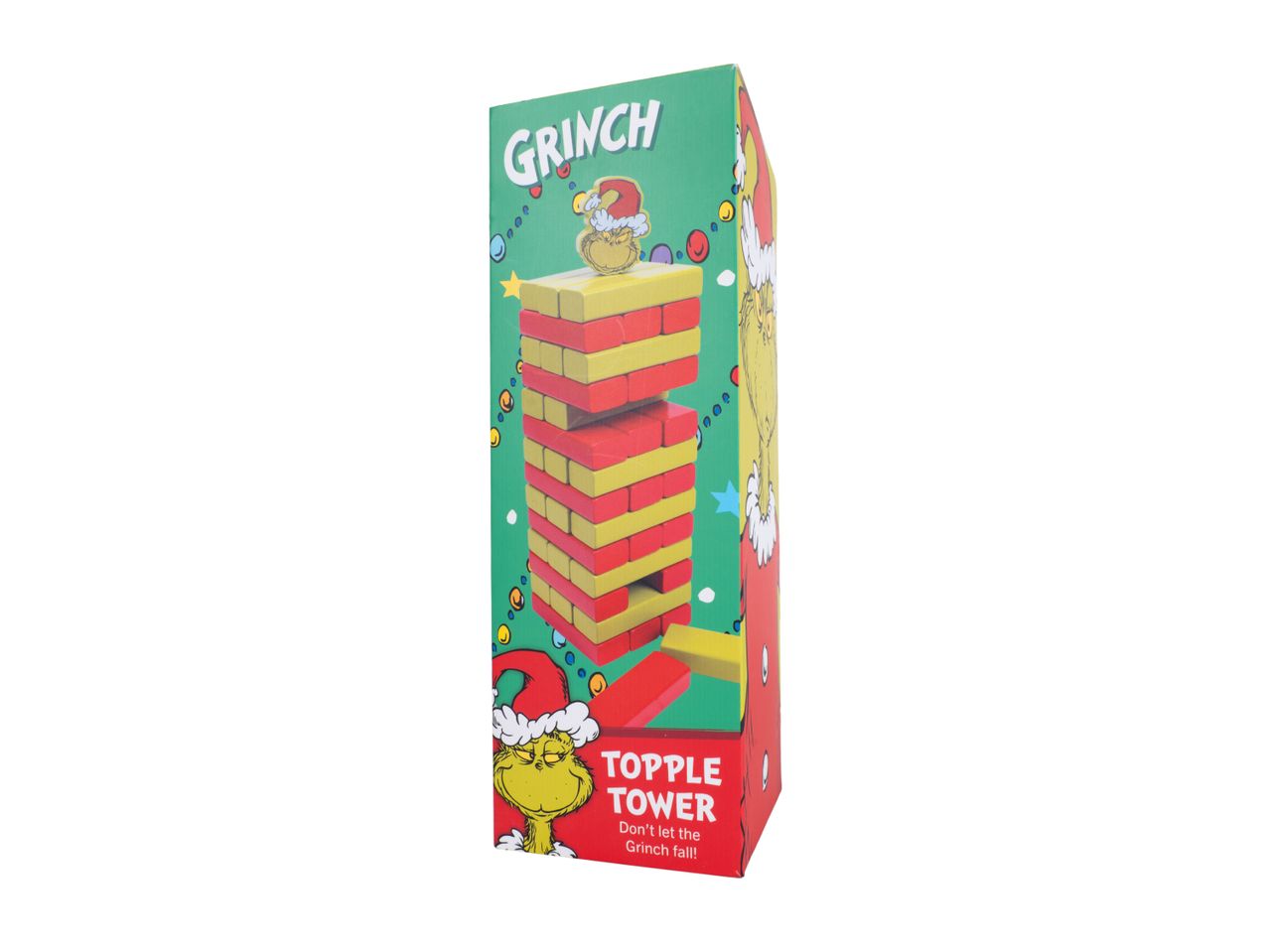 Grinch Topple Tower game with red and yellow blocks