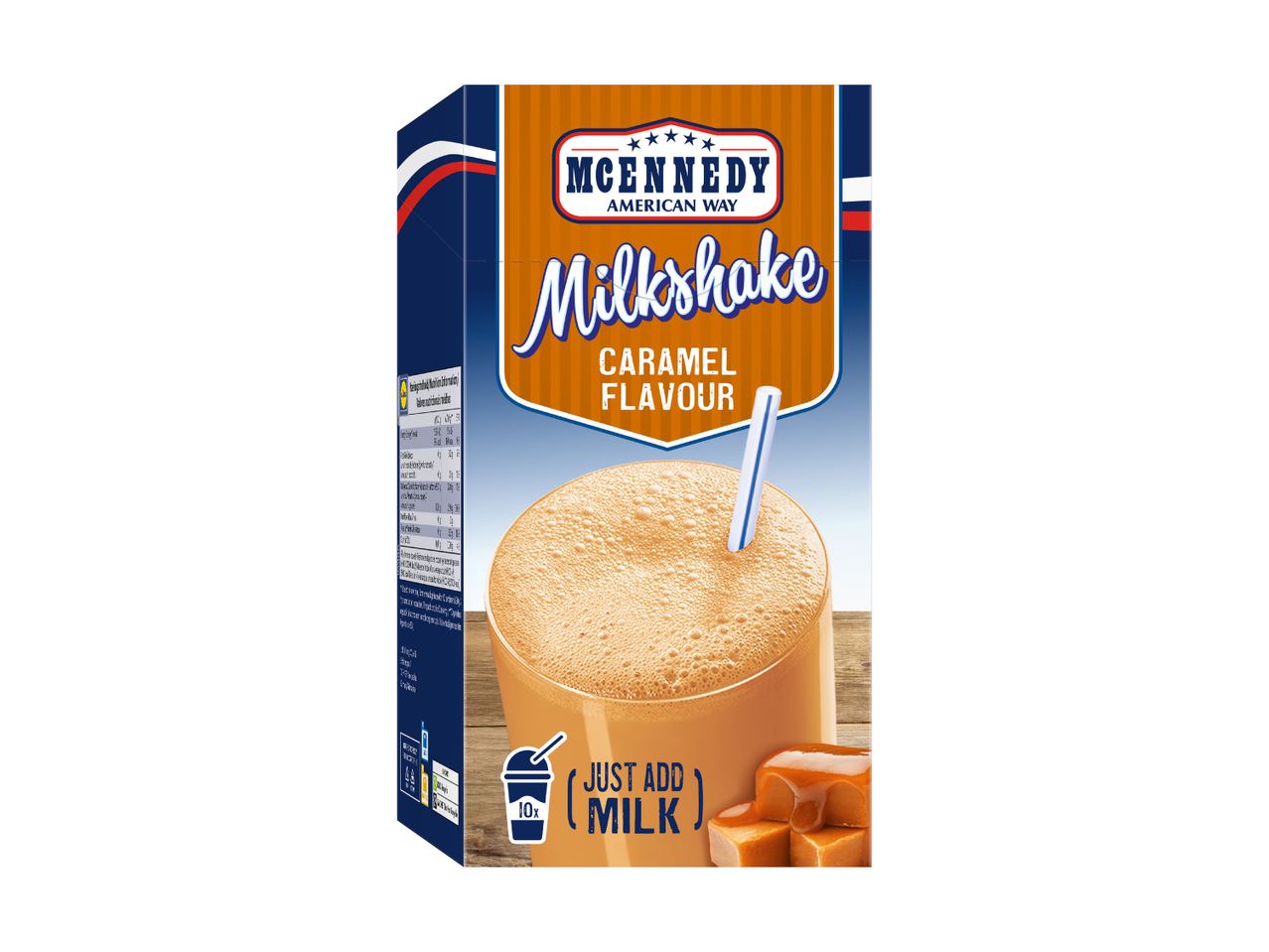 Caramel milkshake mix box with a glass of milkshake and caramel candies, American style.