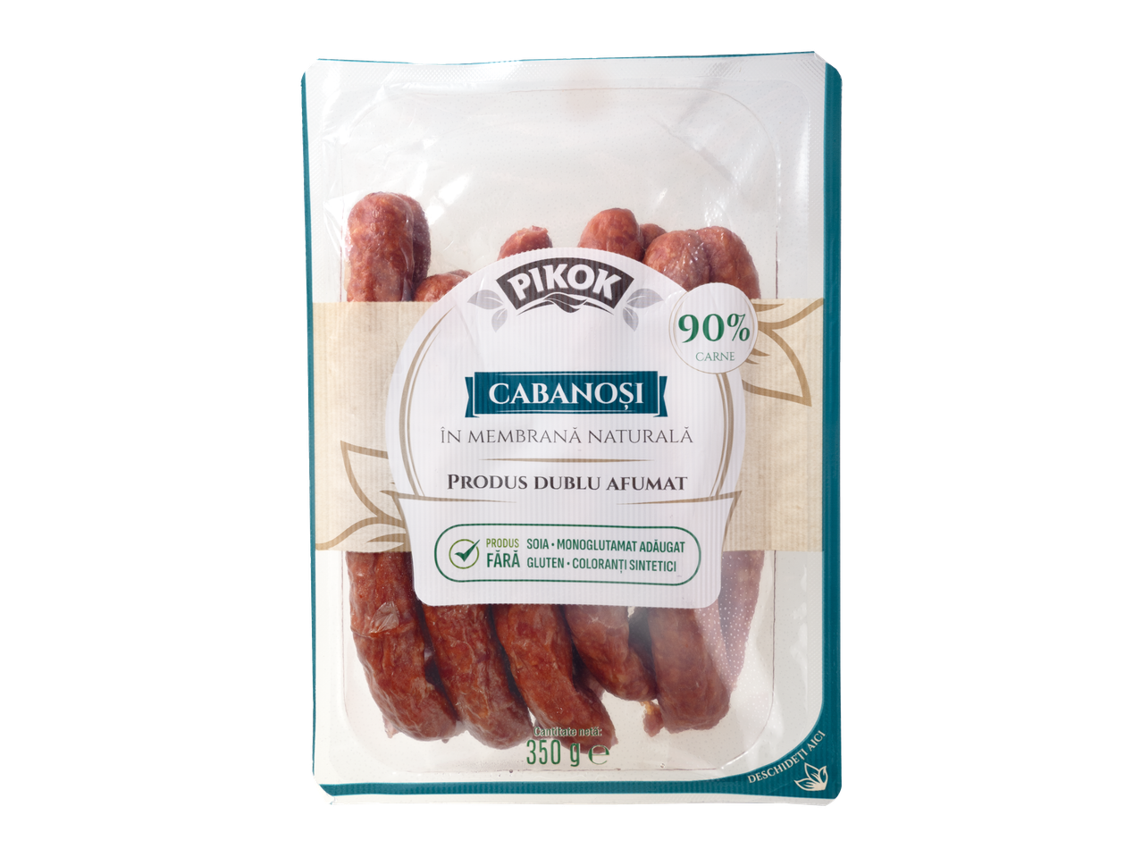 Cabanasi Pikok 350g, 90% carne, in membrana naturala, fara soia, gluten sau coloranti sintetici.